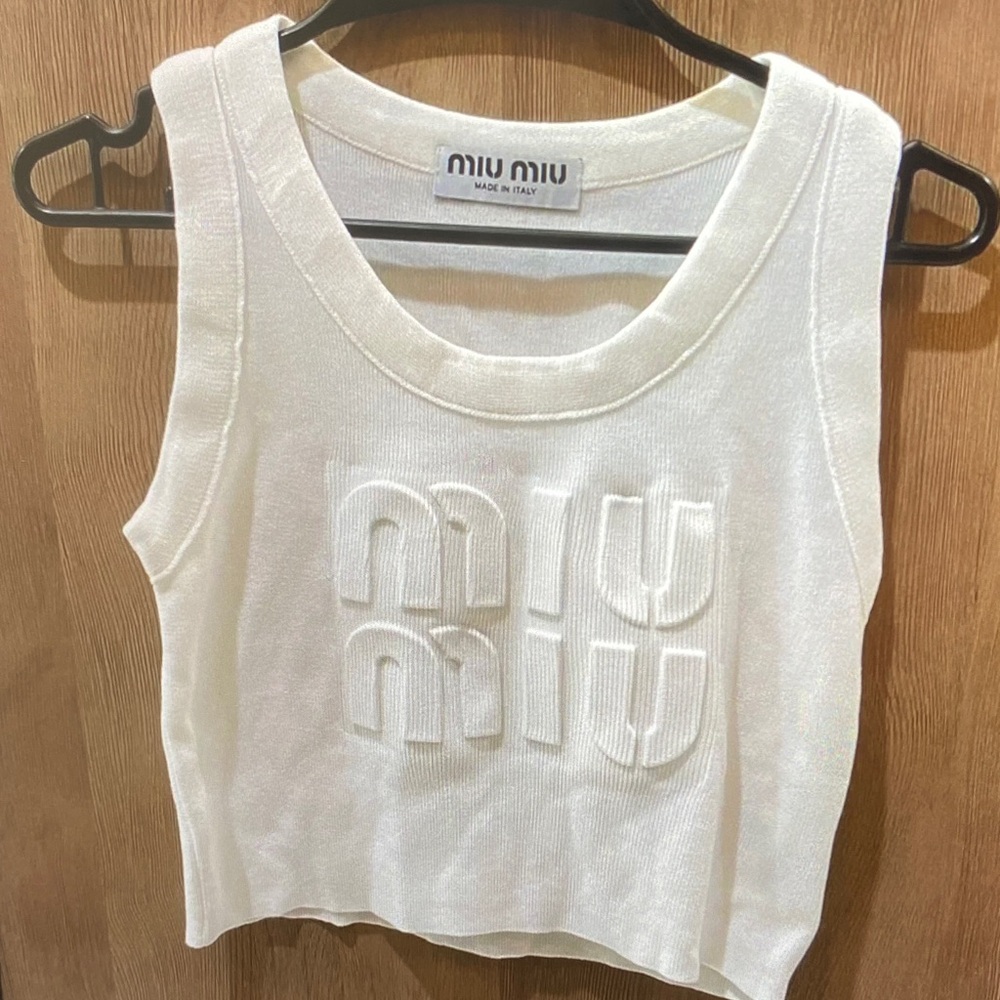 Miu Miu White Embossed Logo Knit Tank Top